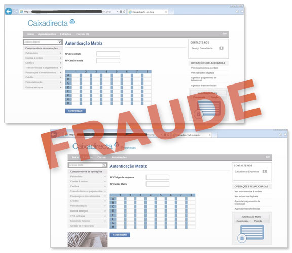 Exemplos de páginas fraudulentas a solicitar a totalidade do cartão matriz