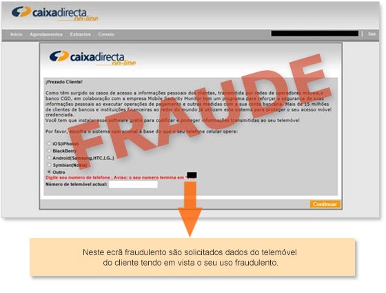 Exemplo de ecrã fraudulento
