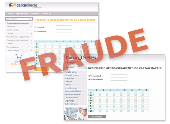 Exemplos de ecrãs fraudulentos 