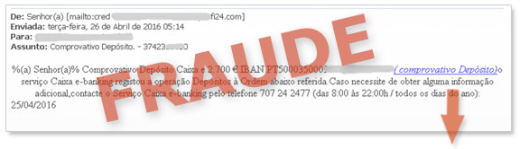 Exemplo de mensagem de e-mail falsificada sobre um suposto comprovativo de depósito, contendo um link fraudulento que não deve ser acedido