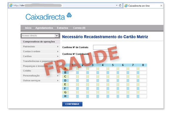 Exemplo de página fraudulenta a solicitar a totalidade do cartão matriz