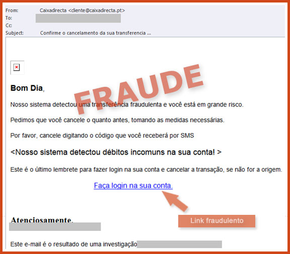 Exemplo de mensagem de email falsificada
