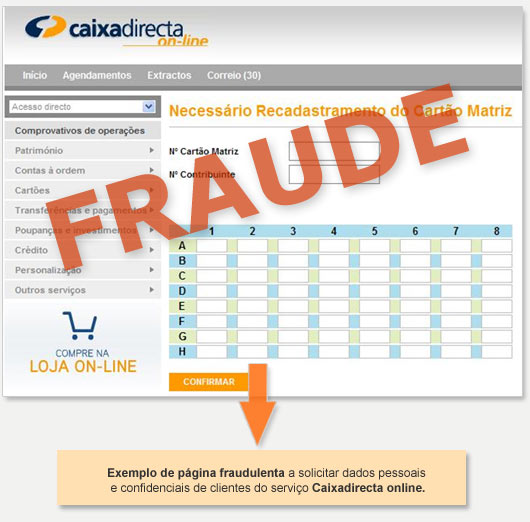 Exemplo de página fraudulenta com referência ao Caixadirecta online