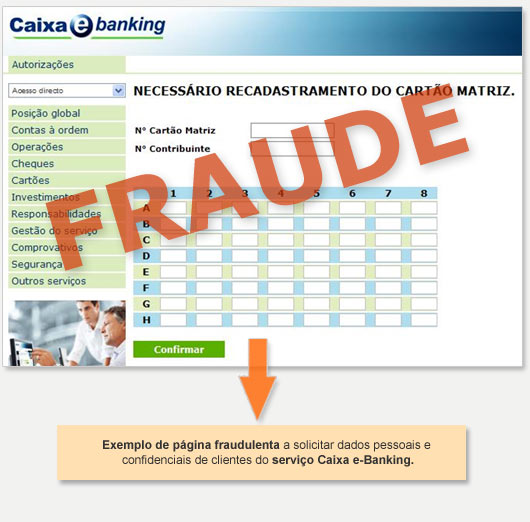 Exemplo de página fraudulenta com referência ao Caxia e-banking