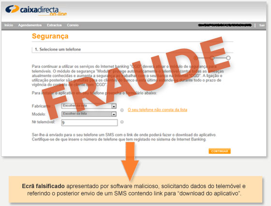 1º Exemplo de ecrã fraudulento a simular o serviço de Caixadirecta on-line