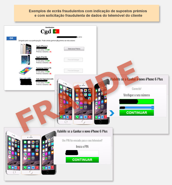 Exemplo de falsos ecrãs fraudulentos com oferta de prémios