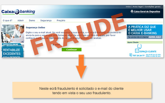 Exemplo de ecrã fraudulento
