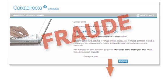 Exemplo de ecrã fraudulento com referência a atualização de dados de identificação