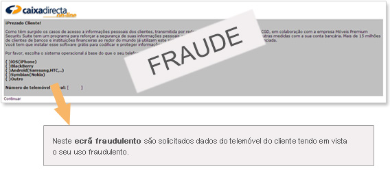 Exemplo de ecrã fraudulento que simula mensagem do serviço de internet banking pedindo dados do telemóvel do cliente