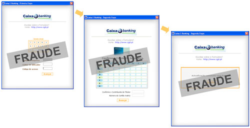 Ecrãs falsificados simulando o Caixa e-Banking