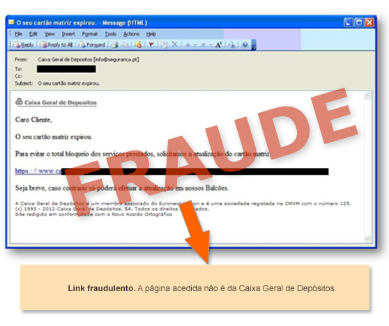 Exemplo de email fraudulento com falso aviso de expiração do cartão matriz