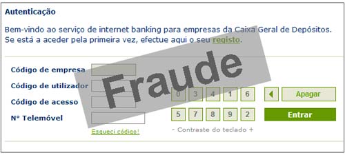 Exemplo de ecrâ fraudulento do Caixa e-Banking