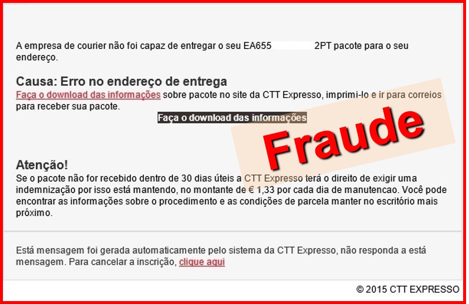 Imagem do ecrã fraudulento