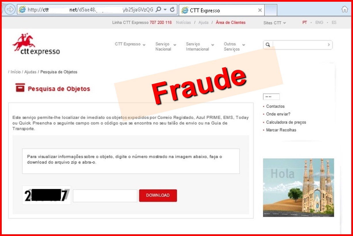 Imagem do ecrã fraudulento