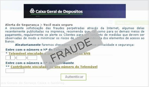 Exemplo de ecrã fraudulento no acesso ao Caixa e-banking solicitando número de telemóvel associado ao SMS Token e número de contribuinte