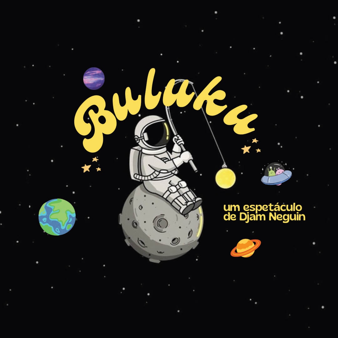 Ilustração de um astronauta sentado numa pequena lua, pescando uma esfera luminosa no espaço, rodeado por planetas e estrelas.