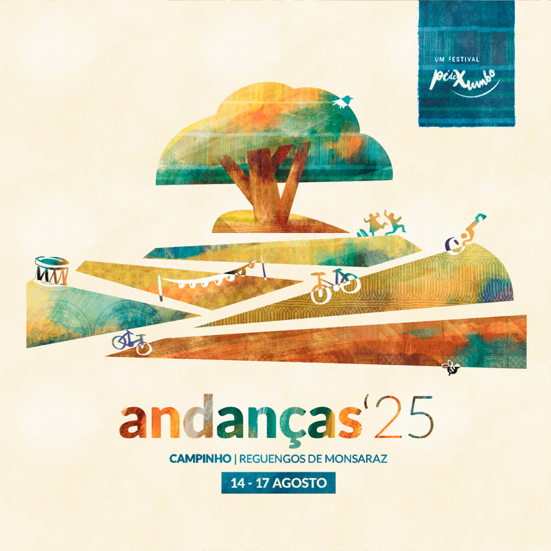 Ilustração abstrata com elementos de natureza, ciclismo e percussão, promovendo o festival Andanças em Campinho, Reguengos de Monsaraz.