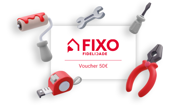 Cartão presente de 50€ da FIXO Fidelidade, com design vermelho e branco, destacando o valor e o logótipo da marca.